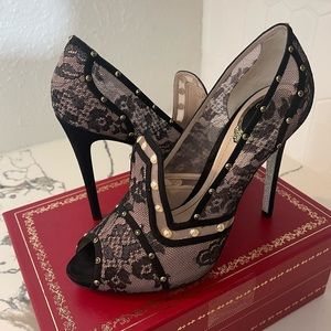 Rene Caovilla Black crystal and pearl stud lace loafer pump- worn once